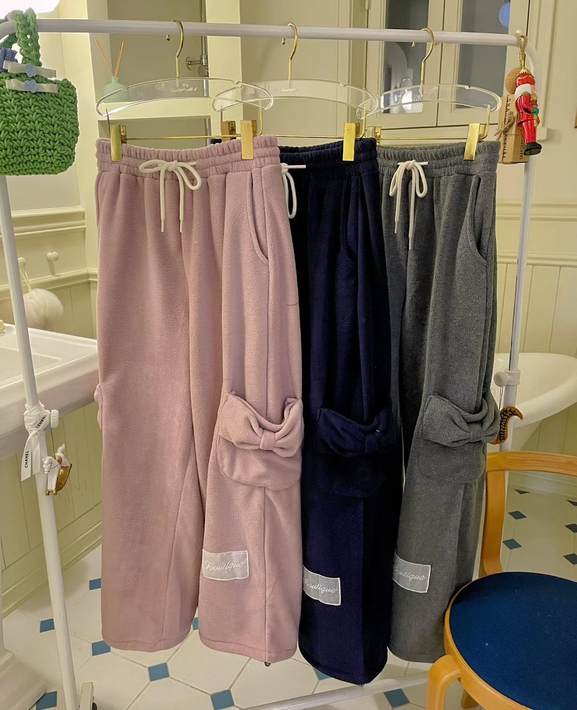 側蝴蝶結狀口袋棉褲