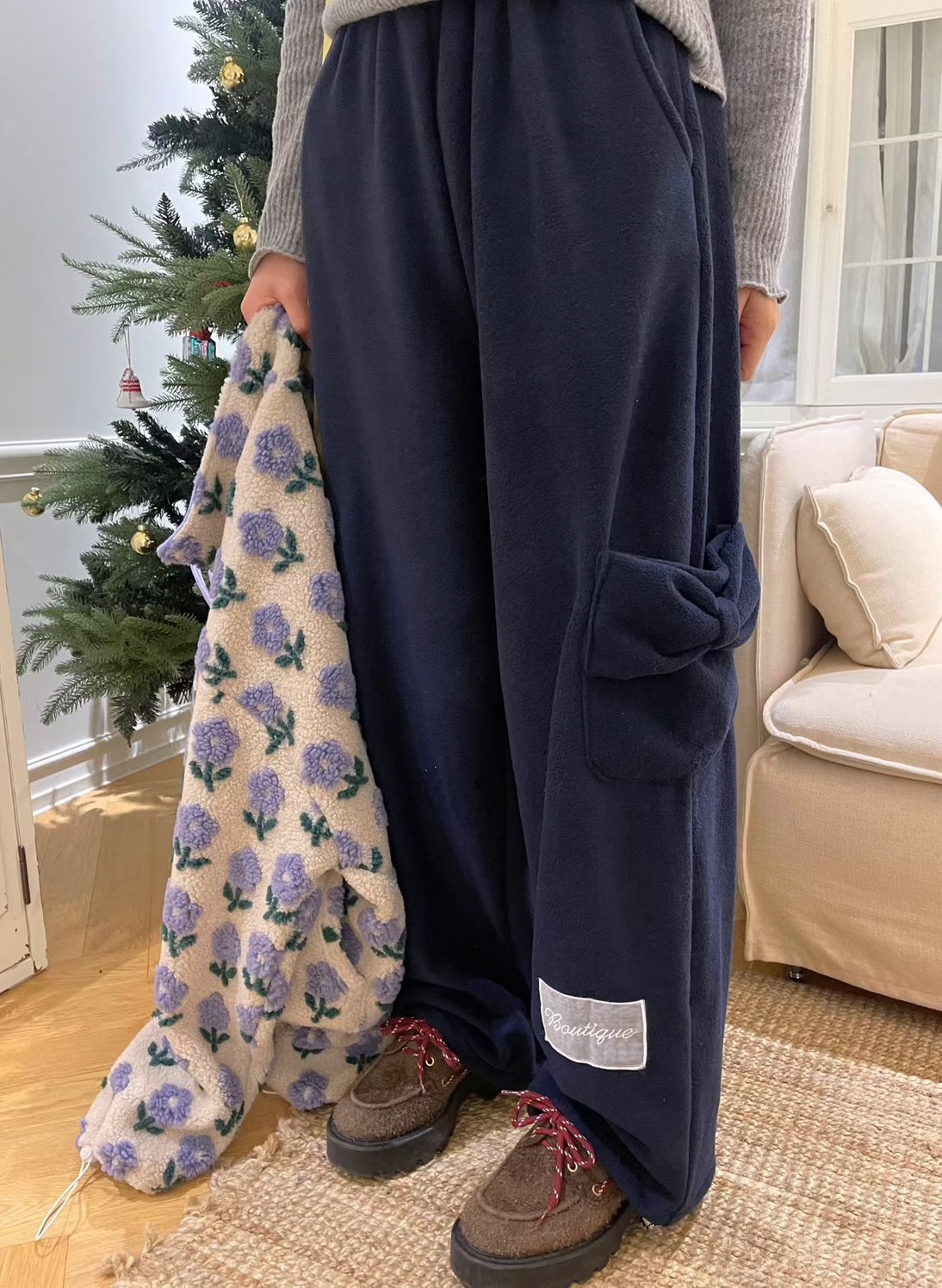 側蝴蝶結狀口袋棉褲