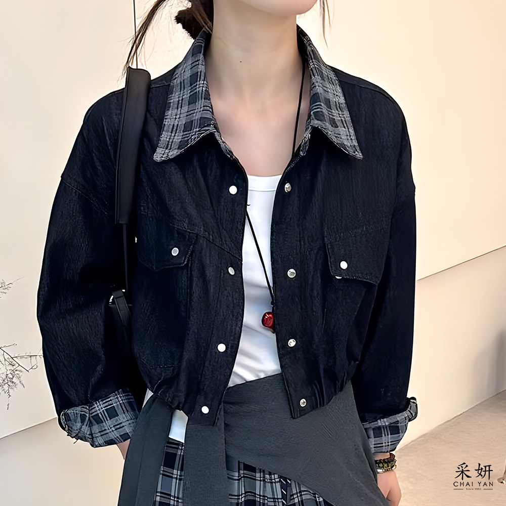 內層格紋長袖襯衫牛仔外套