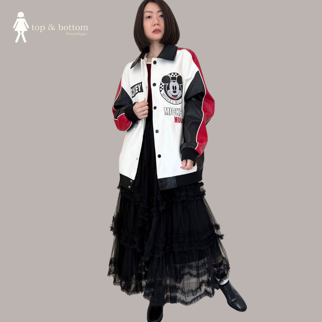 EMBROIDERED MICKEY PU LEATHER OVERSIZE JACKET