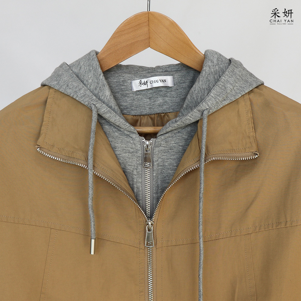 落肩假兩件抽繩連帽拉鍊長袖外套