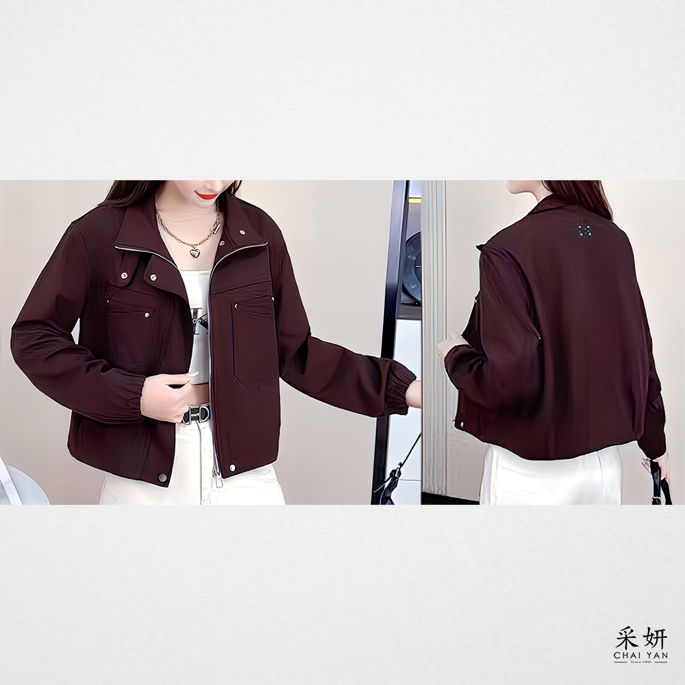 素色微擋風拉鍊立領長袖外套