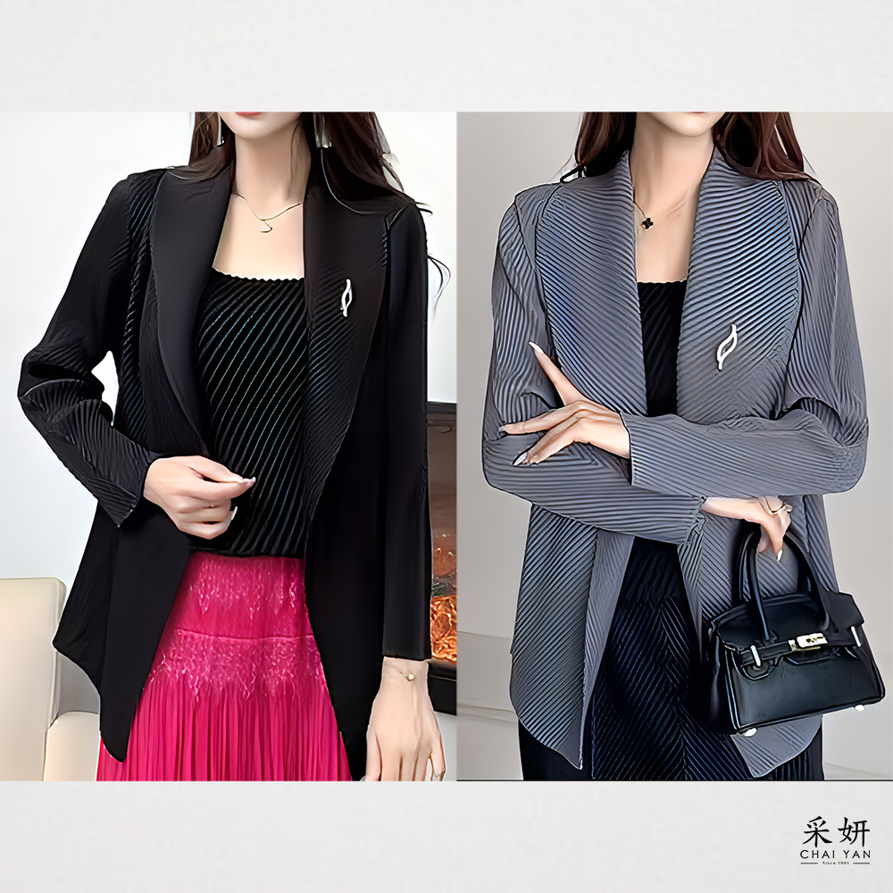 素色可拆別針斜紋壓摺開襟長袖外套