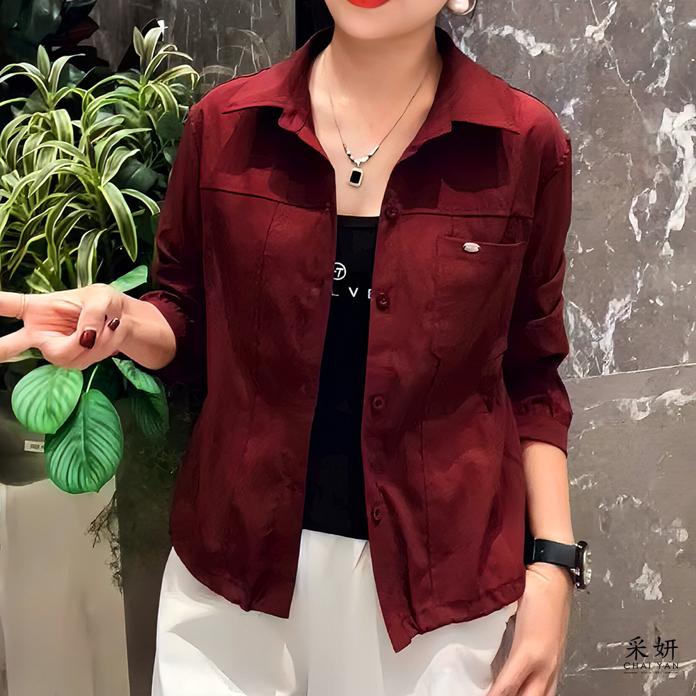 素色後背荷葉邊長袖襯衫外套