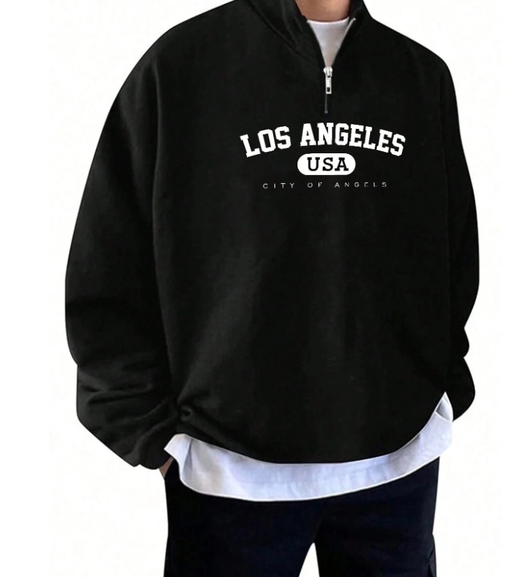 KADMAX大尺碼-秋冬長袖半開拉鍊寬鬆字母大學TEE〈KSMS2613〉