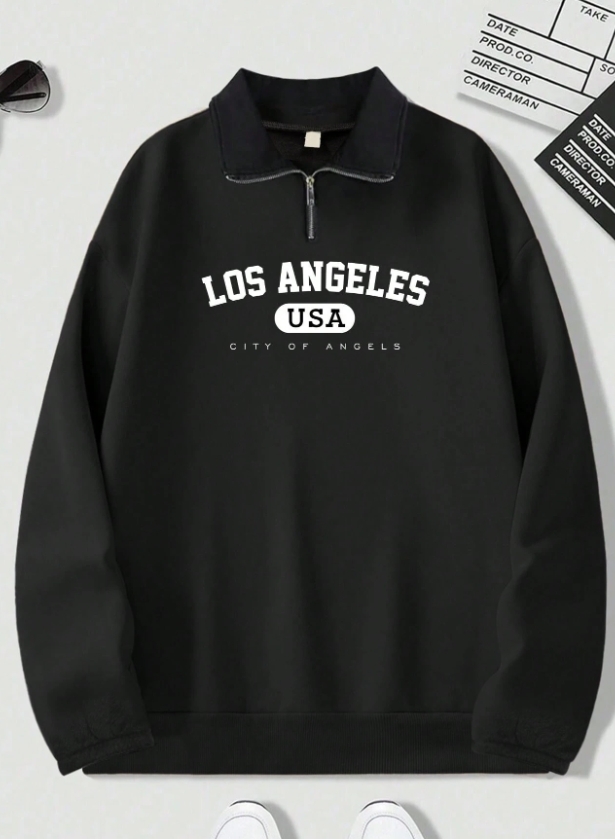 KADMAX大尺碼-秋冬長袖半開拉鍊寬鬆字母大學TEE〈KSMS2613〉