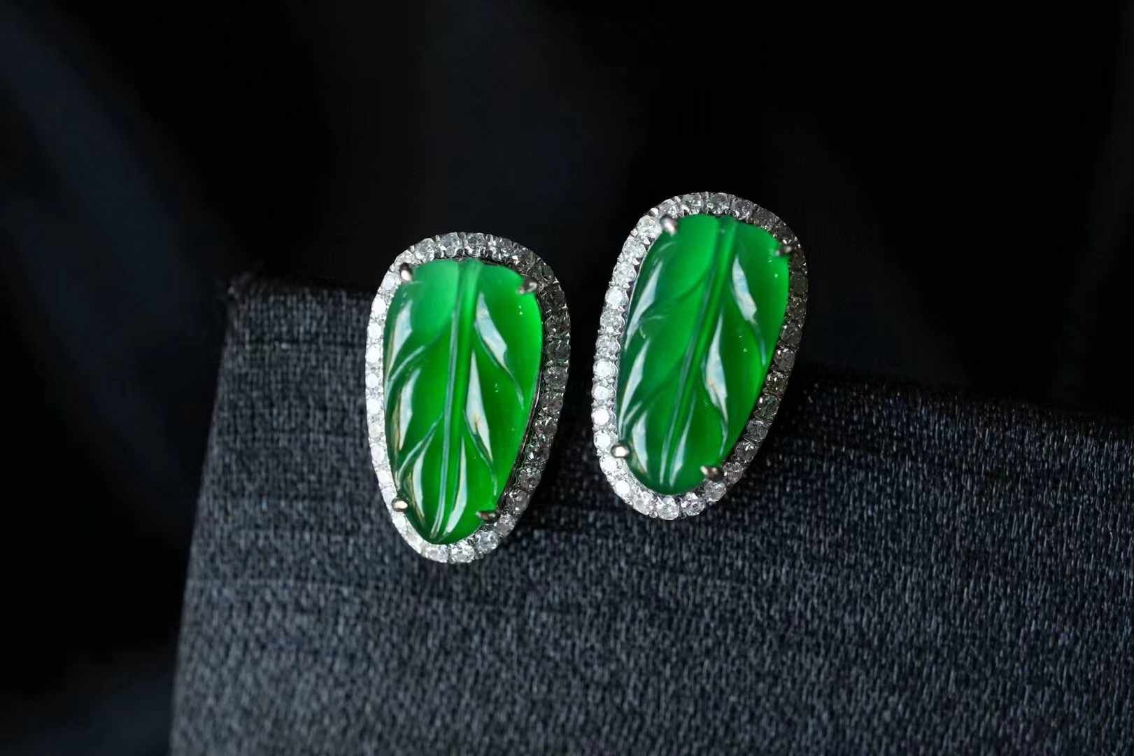 翡翠冰陽綠葉子耳釘,天然翡翠A玉, 緬甸玉, Jade, Jadeite