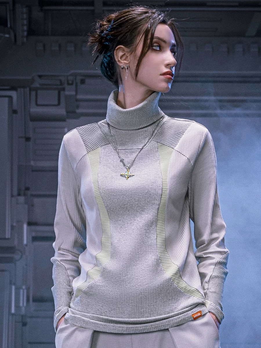 不作惡「息行生態衣」賽博龐克修身高彈螺紋拼色高領打底衣秋冬