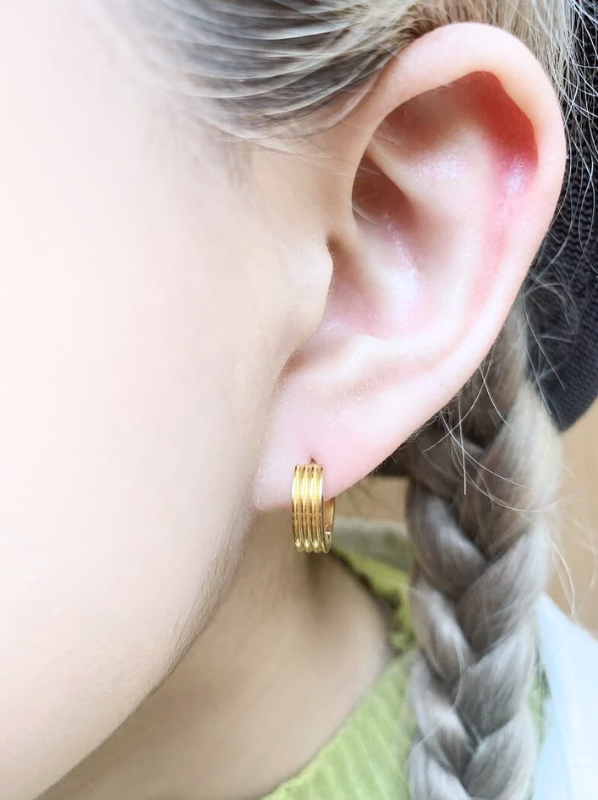 抗敏鋼 平面鋼易扣式_金色立體三線羅紋耳環(單支價)