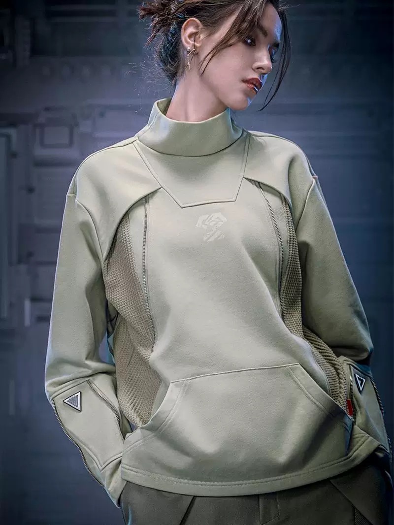 不作惡「矩陣作訓衛衣」賽博龐克金屬拉鍊純棉套頭小高領衛衣秋冬