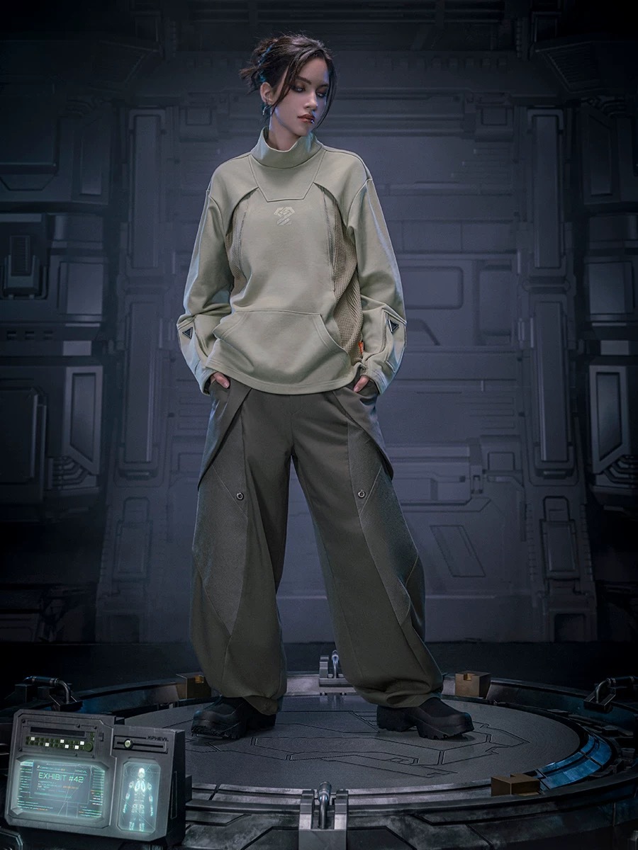 不作惡「矩陣作訓衛衣」賽博龐克金屬拉鍊純棉套頭小高領衛衣秋冬