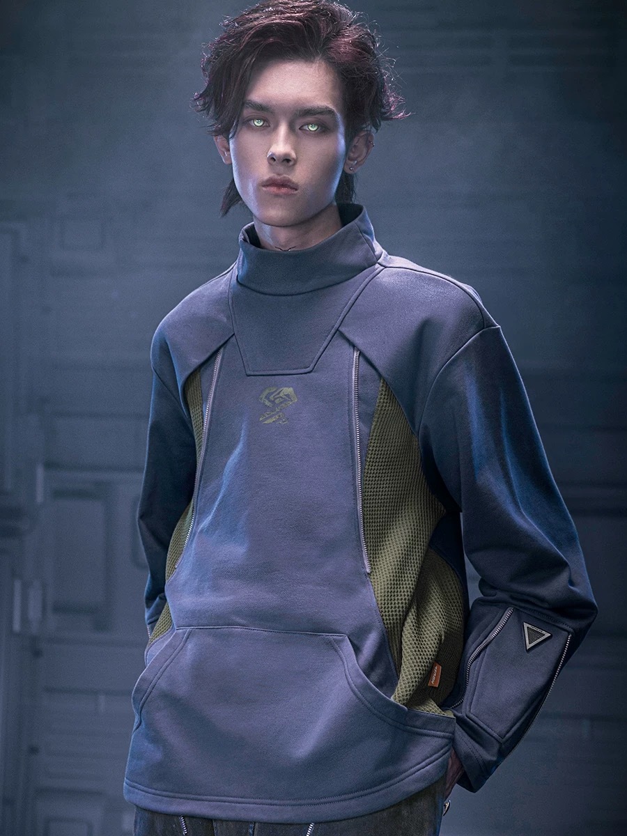 不作惡「矩陣作訓衛衣」賽博龐克金屬拉鍊純棉套頭小高領衛衣秋冬