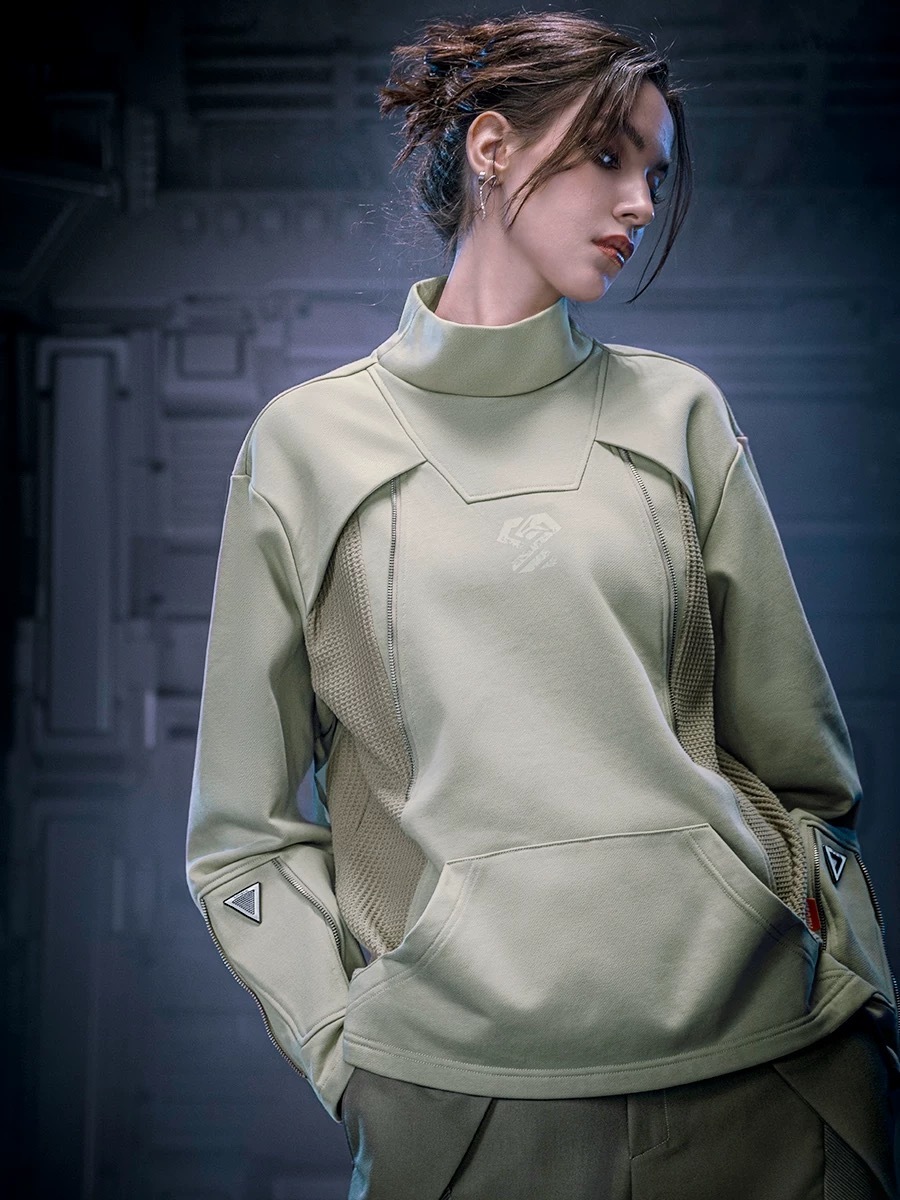 不作惡「矩陣作訓衛衣」賽博龐克金屬拉鍊純棉套頭小高領衛衣秋冬