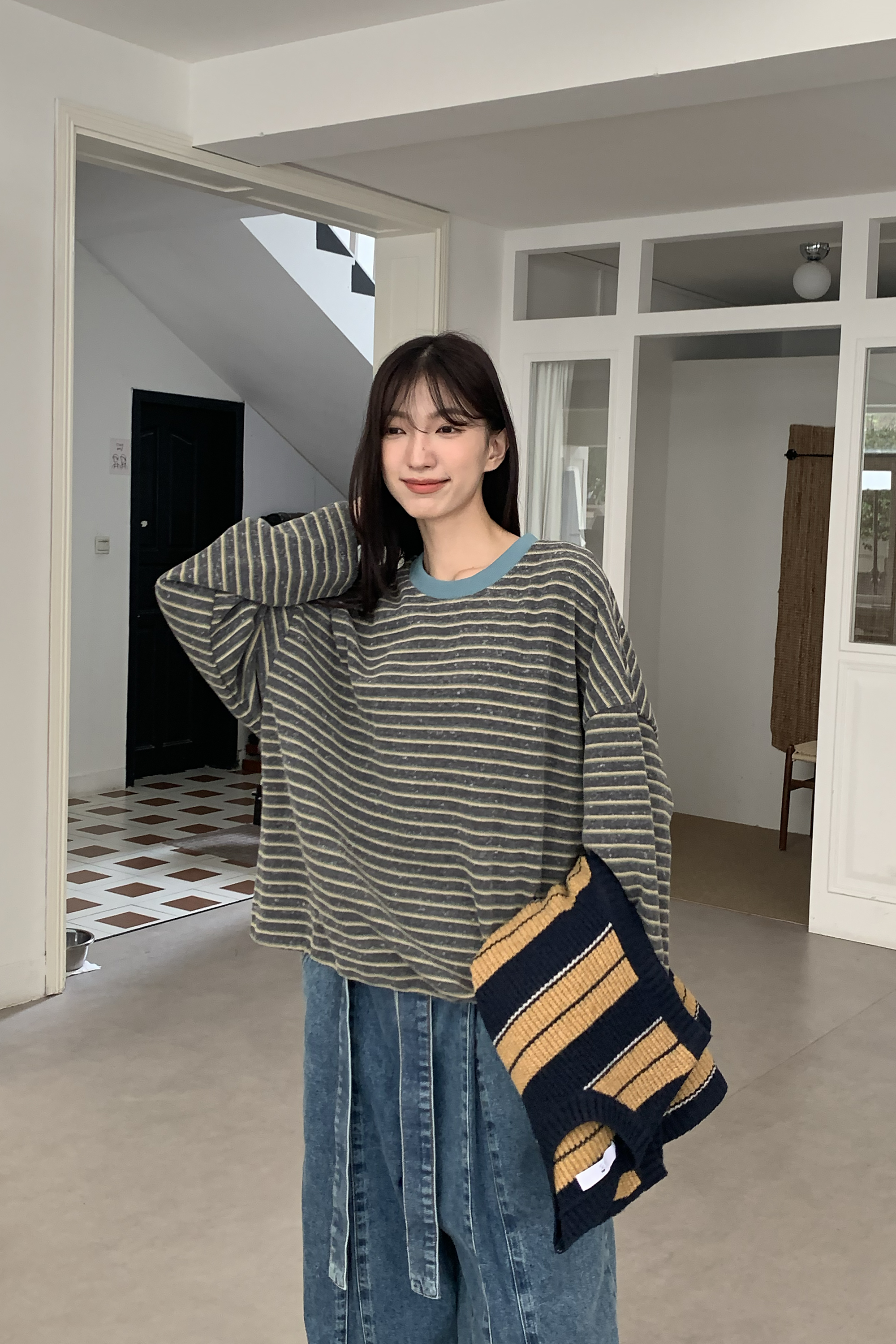 日常條紋可縮口長袖t 3色