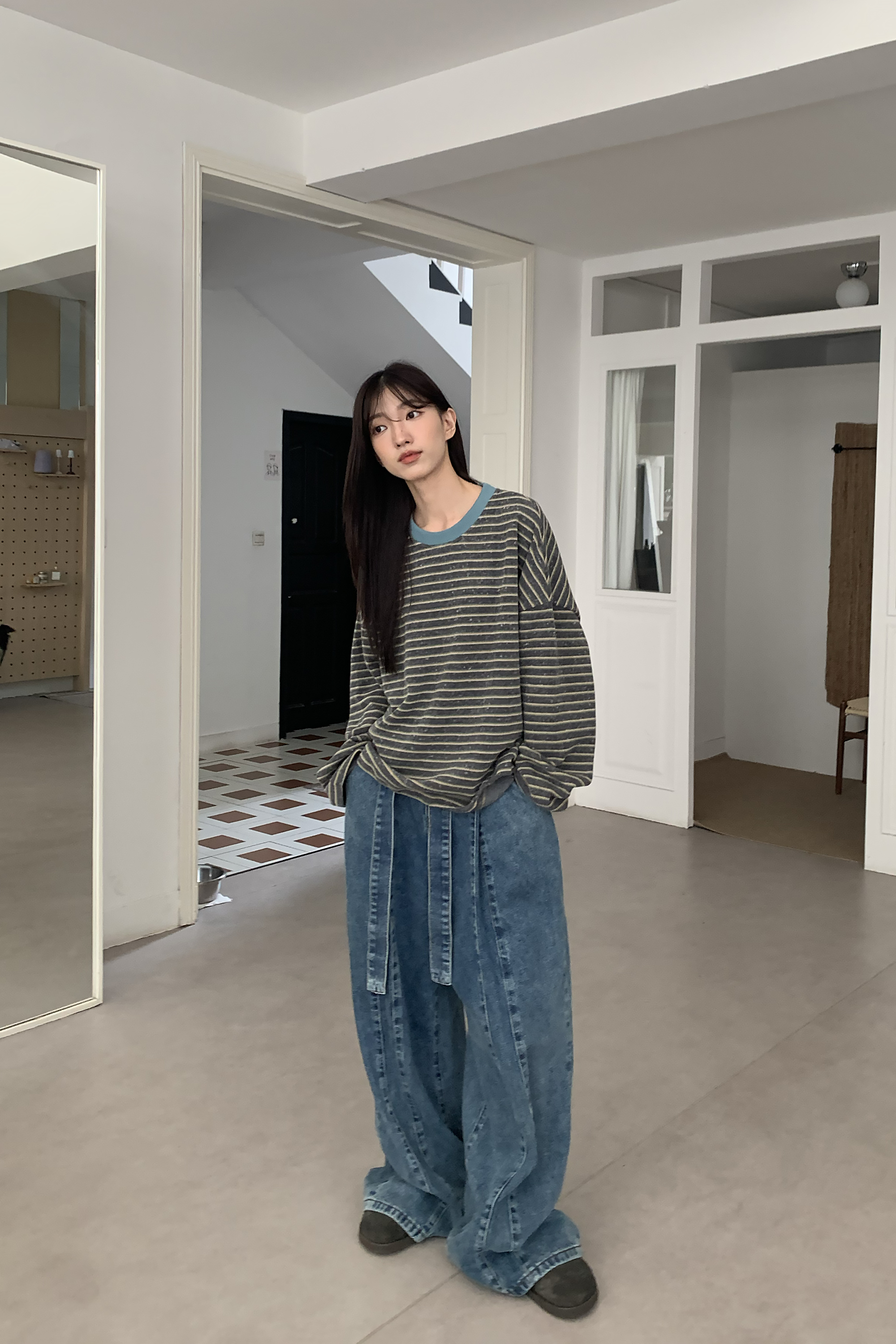 日常條紋可縮口長袖t 3色