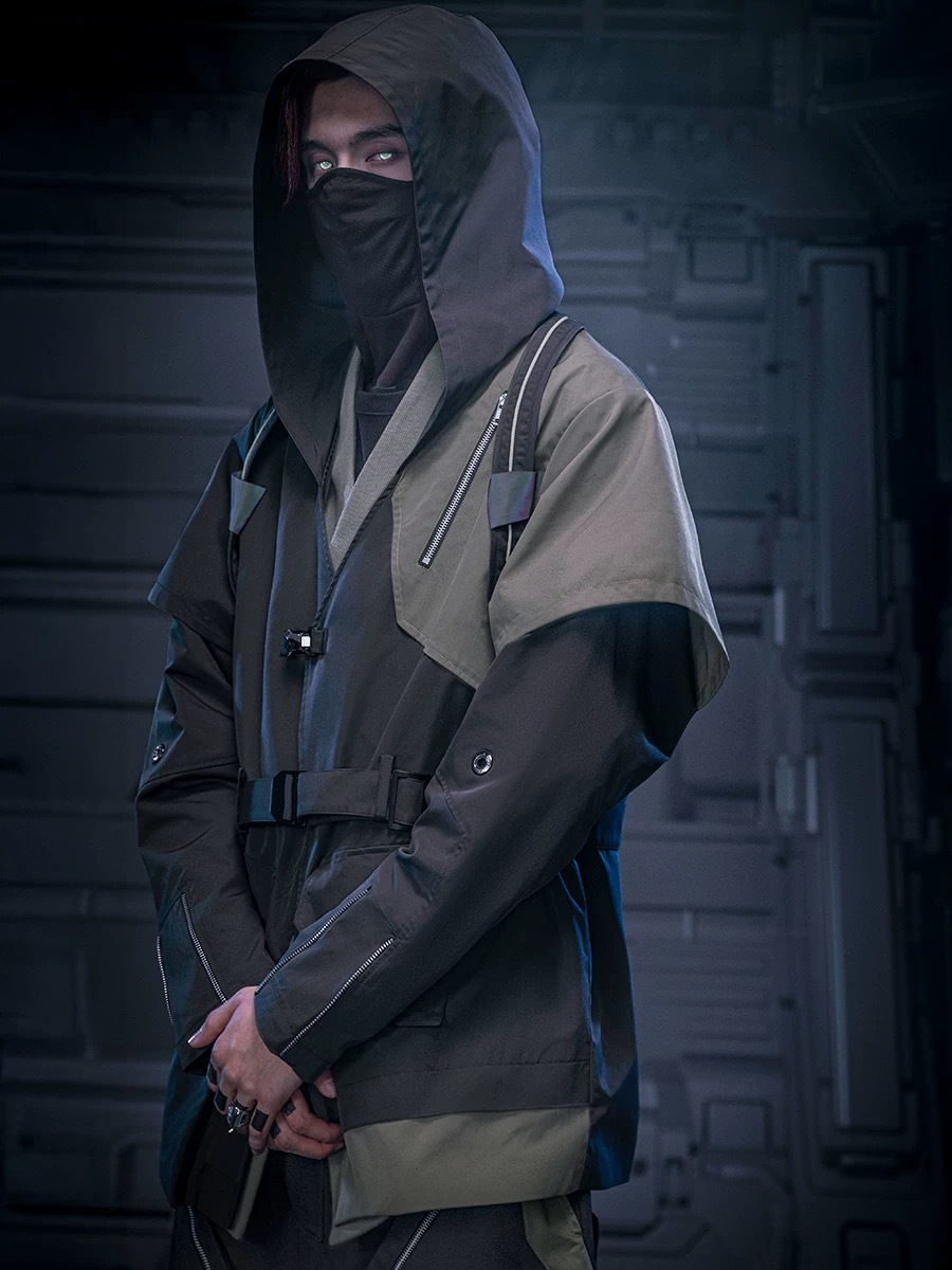 不作惡「刃影雙襟風衣」賽博龐克中長款斜襟假兩件刺客風衣含腰帶