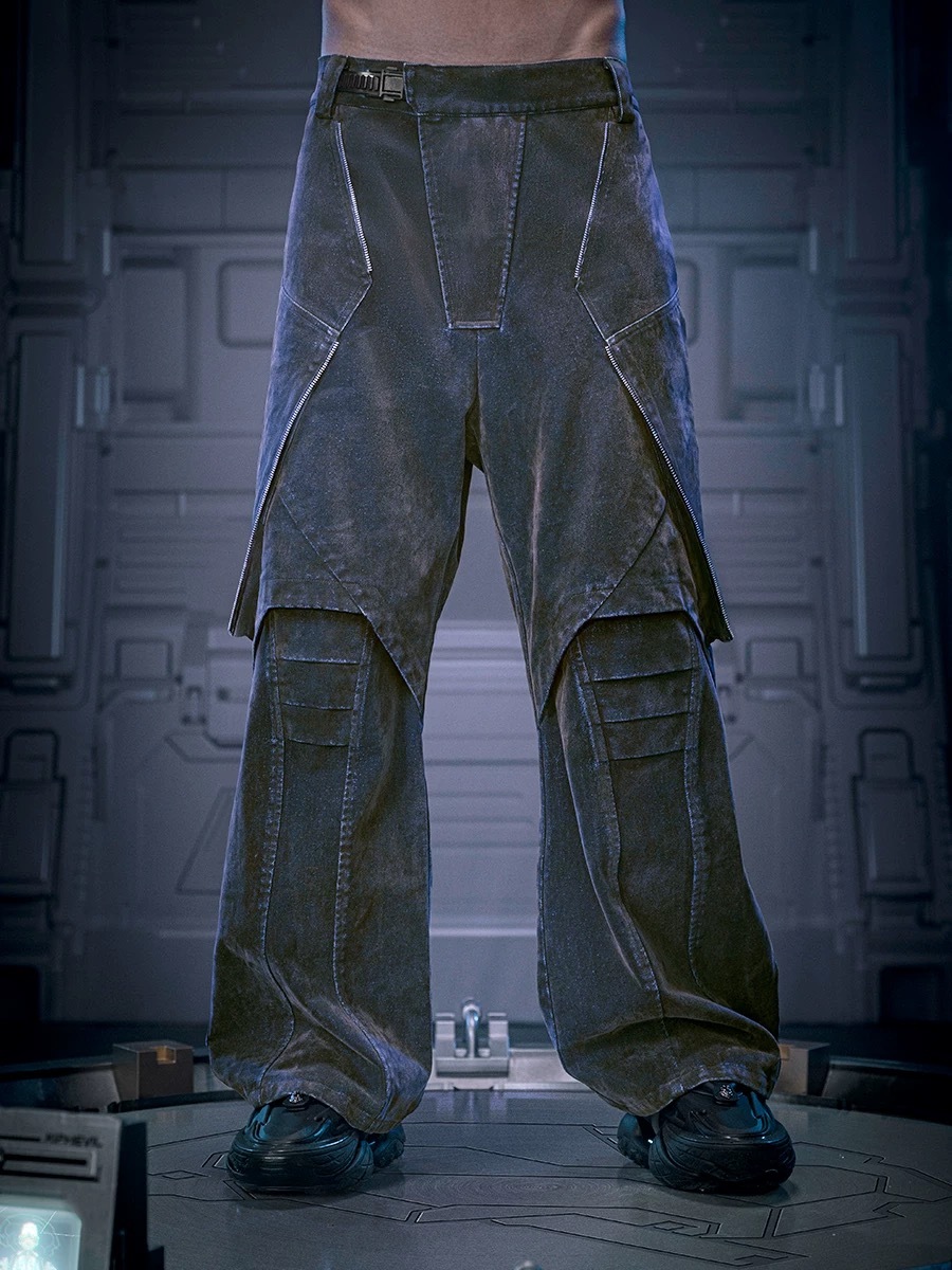 不作惡「流光牛仔褲」賽博龐克街頭重工水洗寬鬆闊腿加厚植絨長褲