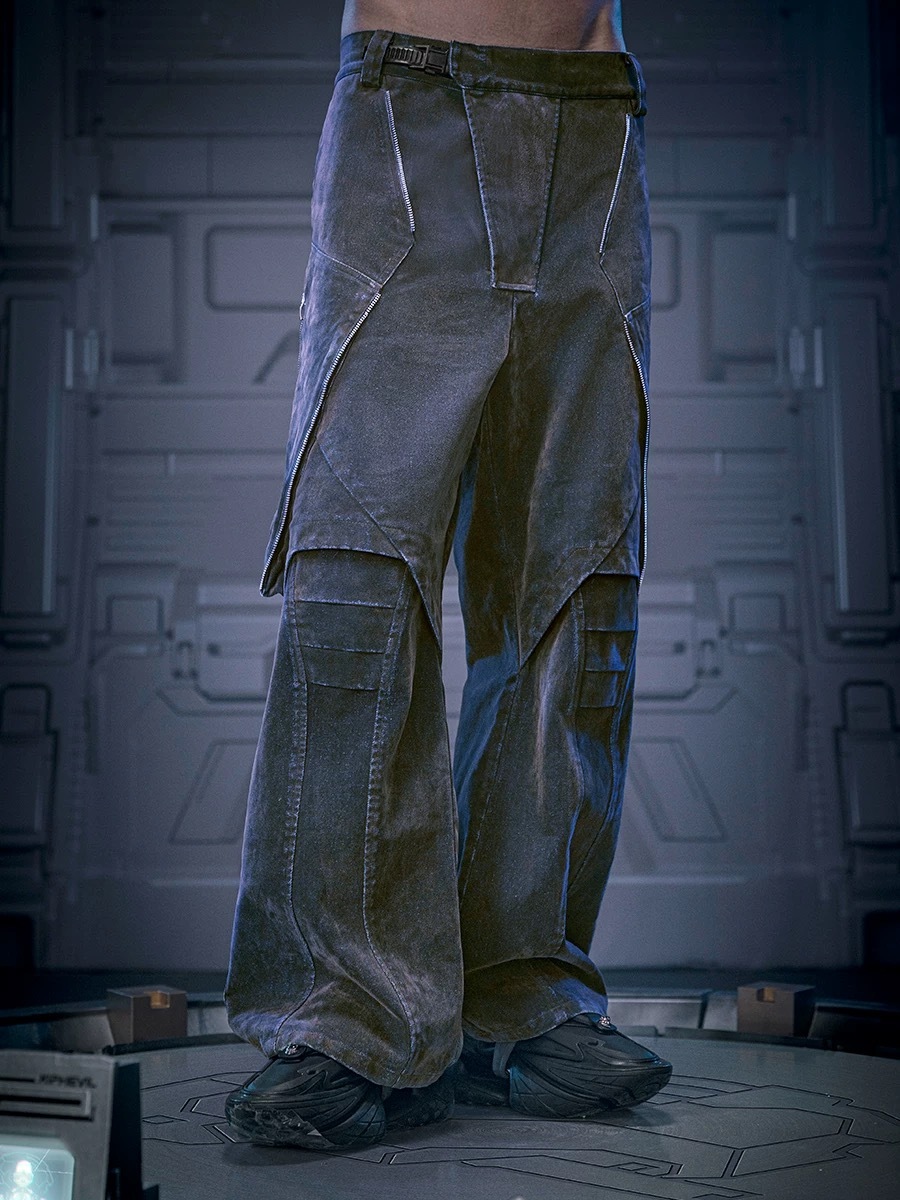 不作惡「流光牛仔褲」賽博龐克街頭重工水洗寬鬆闊腿加厚植絨長褲
