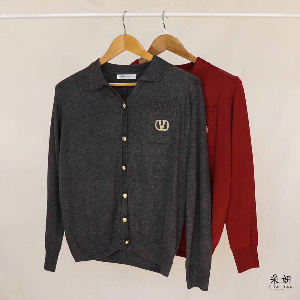 金蔥刺繡口袋針織V翻領長袖上衣