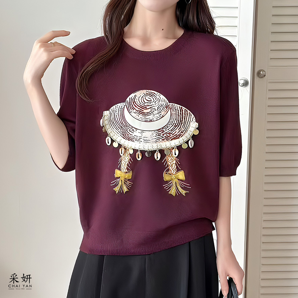 草帽辮子貝殼亮片吊飾針織圓領半袖上衣