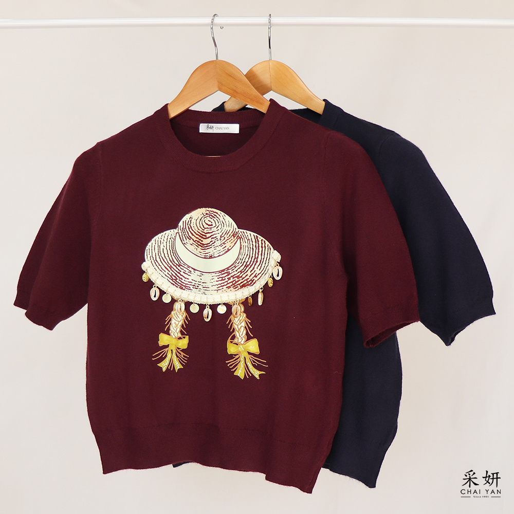 草帽辮子貝殼亮片吊飾針織圓領半袖上衣