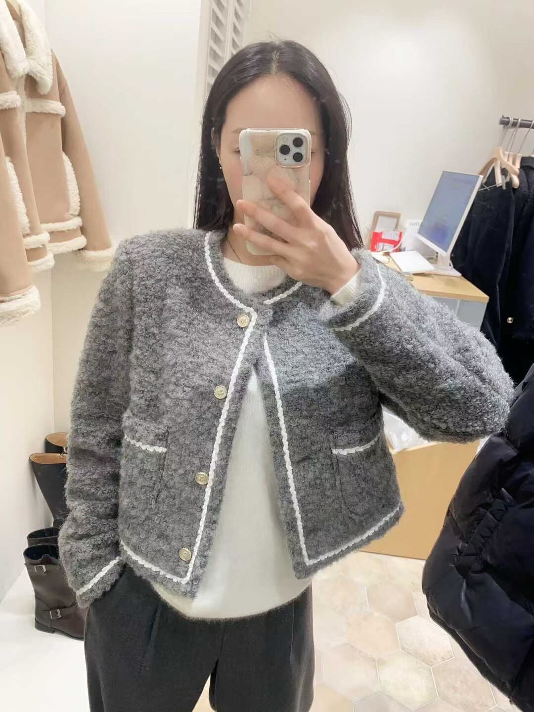 框線顆粒羊毛小香外套