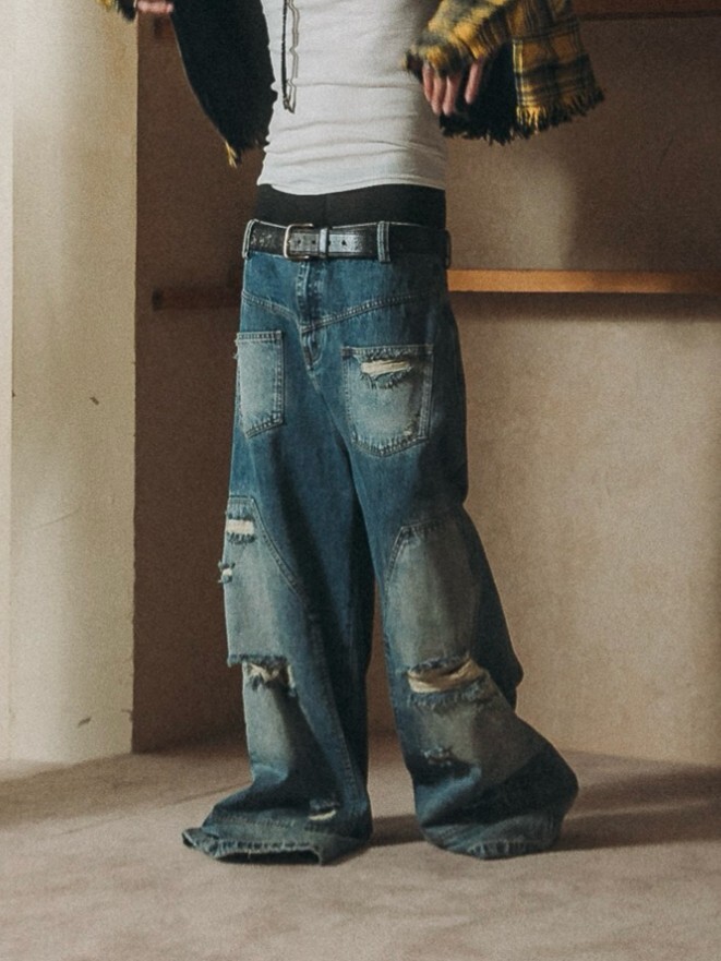 E’TREALOUEST 25SS ( LTNS ) Reversed Baggy Double Knees Jeans 水洗 破壞 反面 牛仔褲
