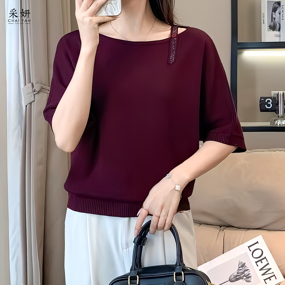 素色璀鑽吊帶一字領針織飛鼠半袖上衣