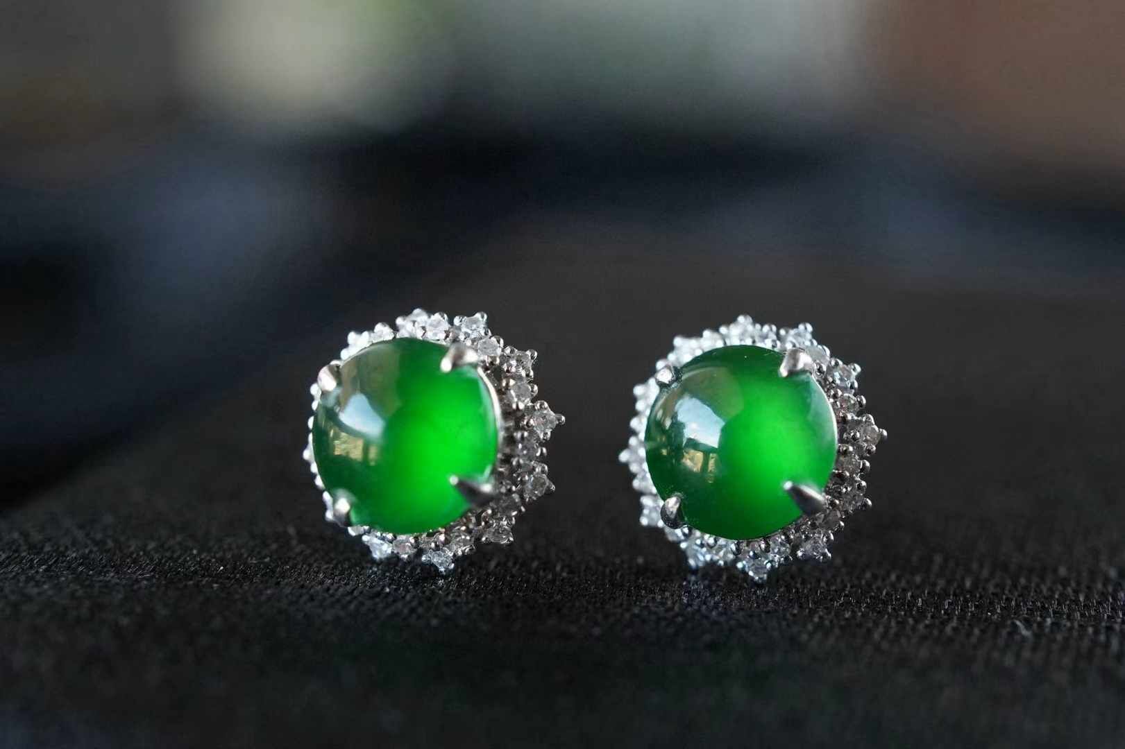 翡翠冰辣陽綠蛋面耳釘,天然翡翠A玉, 緬甸玉, Jade, Jadeite