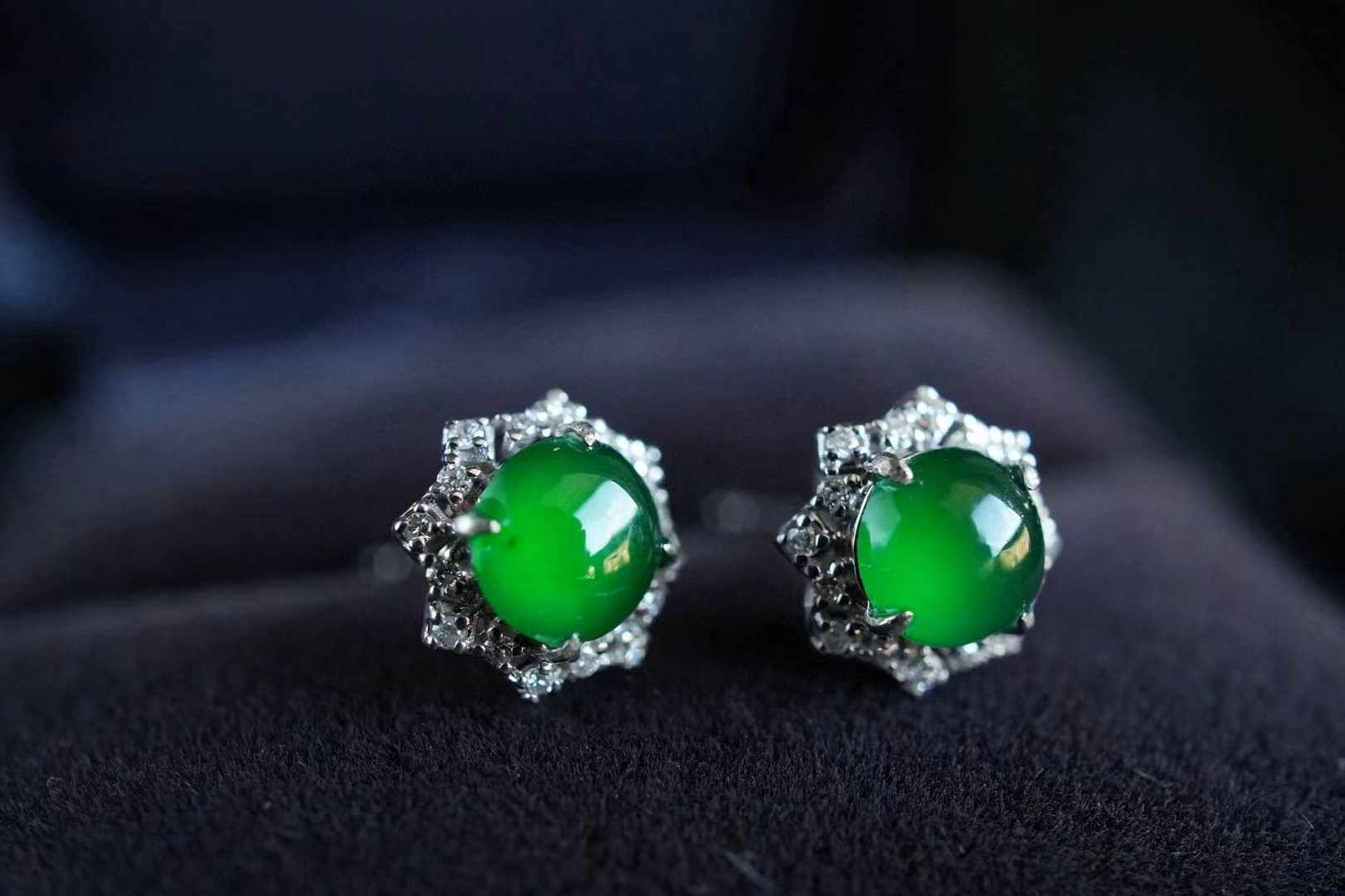 翡翠冰陽綠蛋面耳釘,天然翡翠A玉, 緬甸玉, Jade, Jadeite