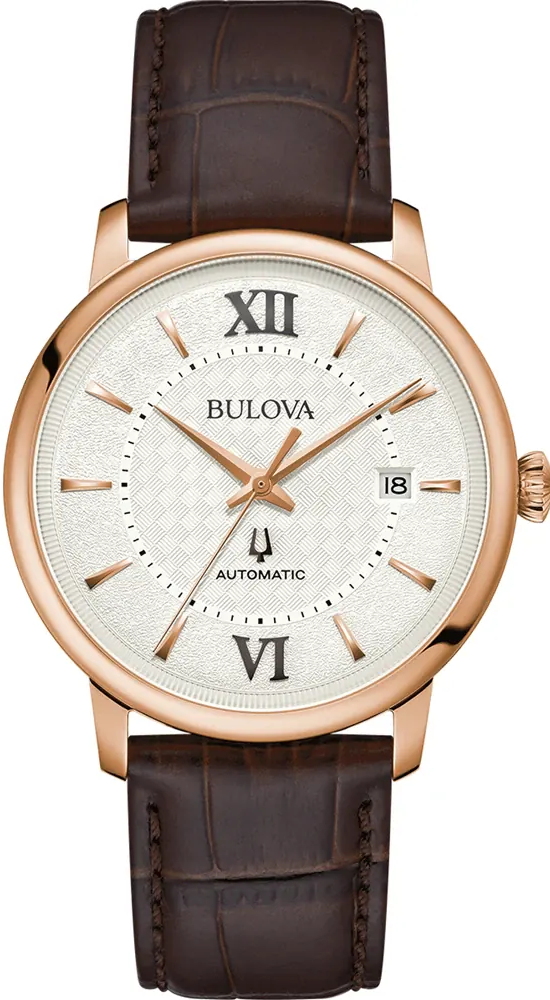 萬年鐘錶 - BULOVA 寶路華 Hudson 經典玫瑰金外框白面機械皮革男錶 97B225 錶徑39MM