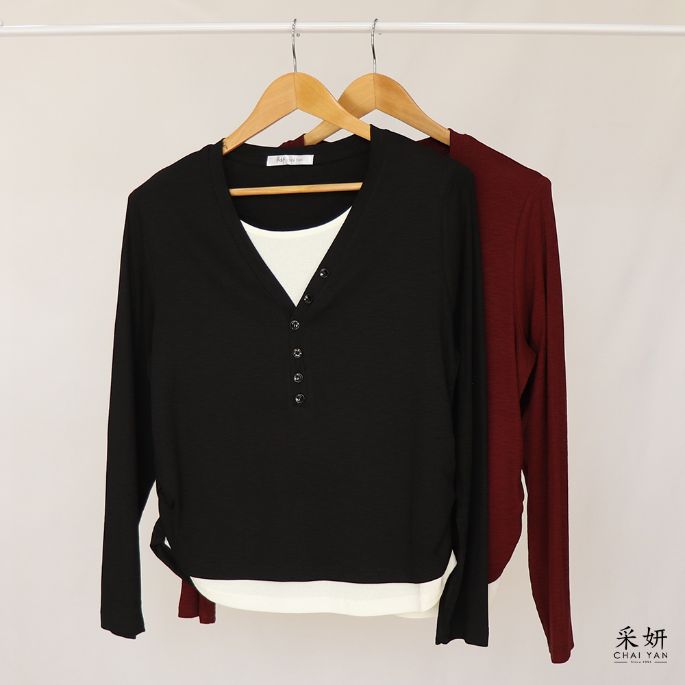 假兩件跳色羅紋布圓領長袖上衣