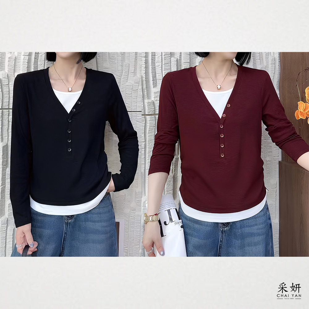 假兩件跳色羅紋布圓領長袖上衣