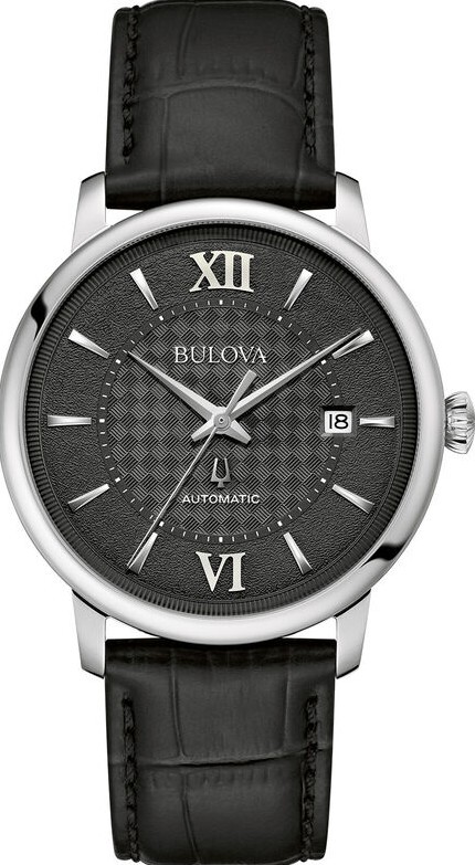 萬年鐘錶 - BULOVA 寶路華 Hudson 經典黑色面盤機械皮革男錶 96B441 錶徑39MM