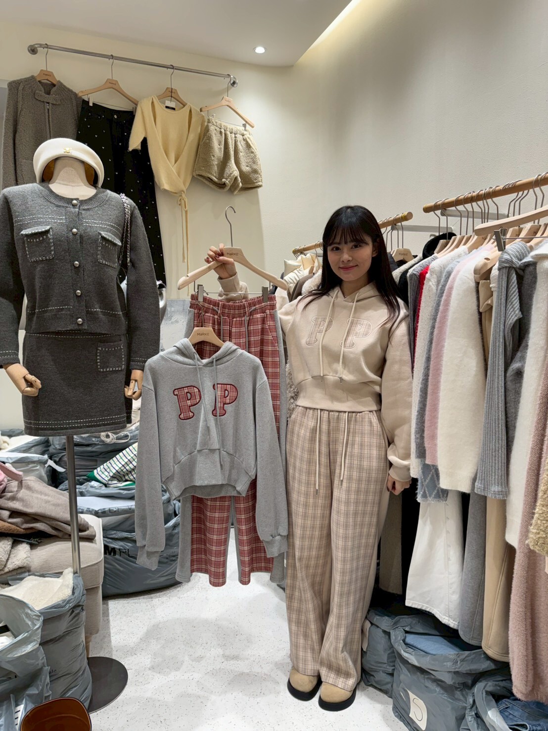 ME5246 PP格仔圖案連帽抓毛上衣