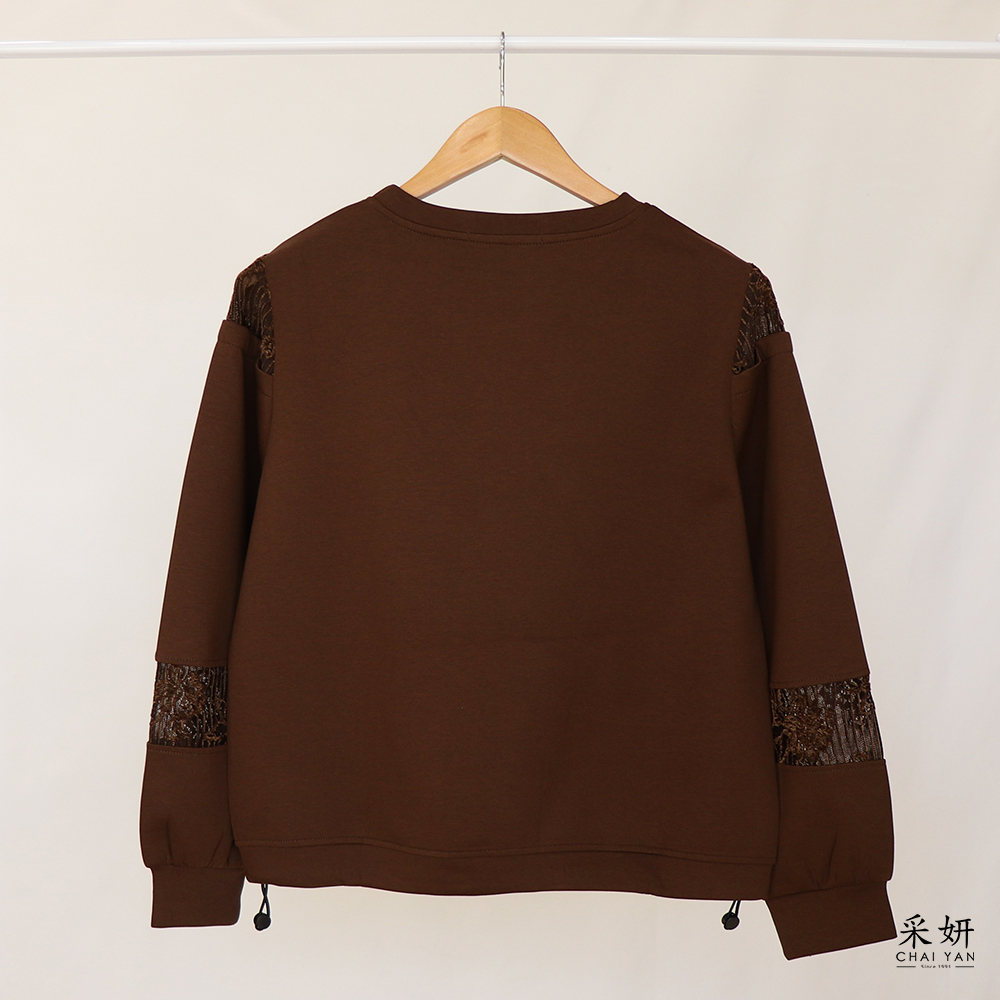 字母膠印蕾絲鏤空圓領長袖上衣