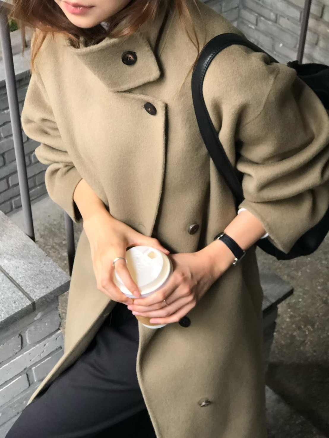 側釦長款手工羊絨大衣