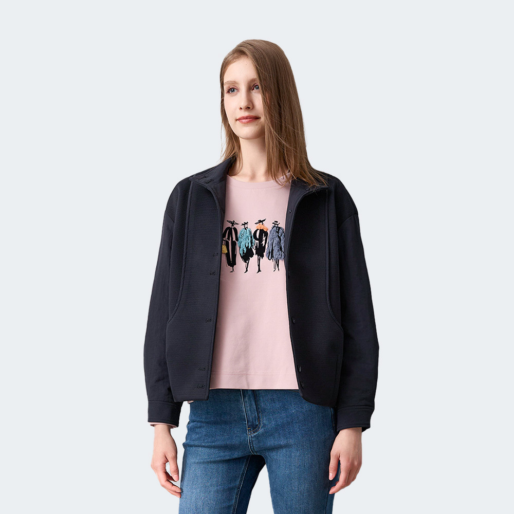 漫步城市人物刺繡磨毛上衣