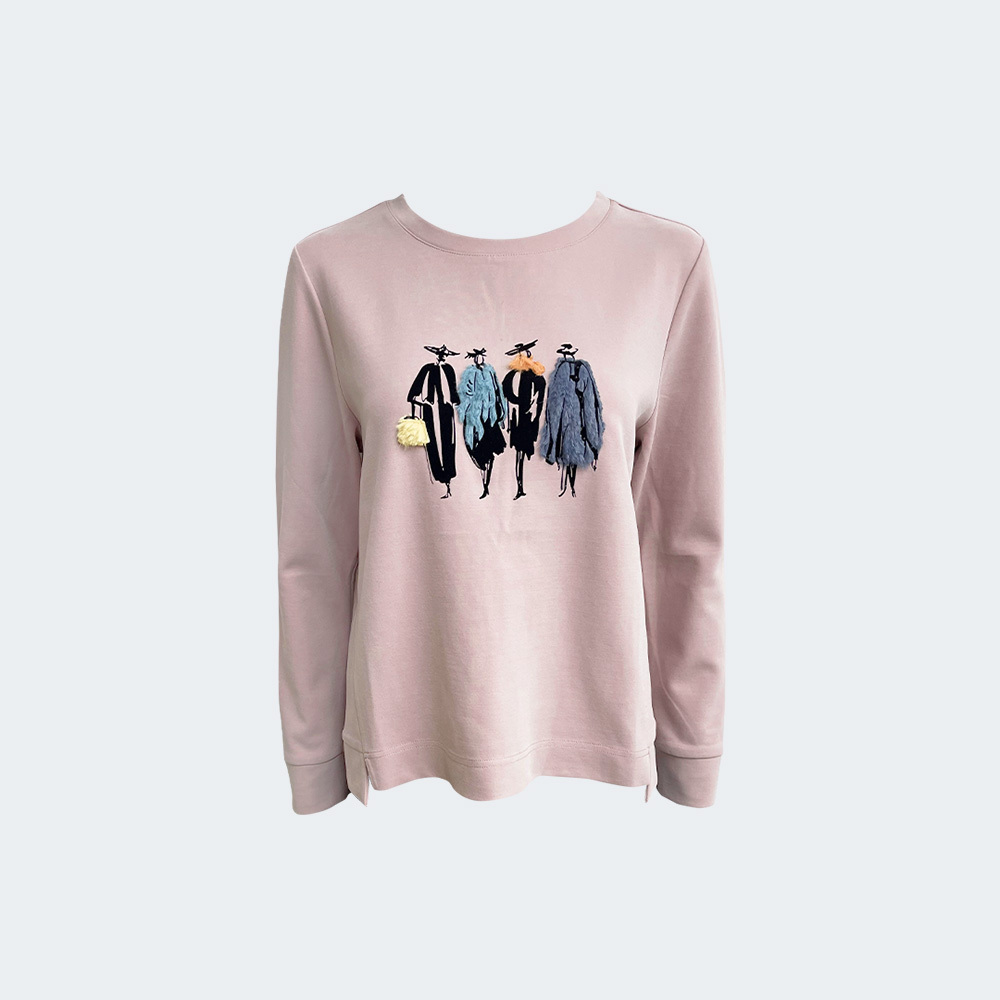 漫步城市人物刺繡磨毛上衣