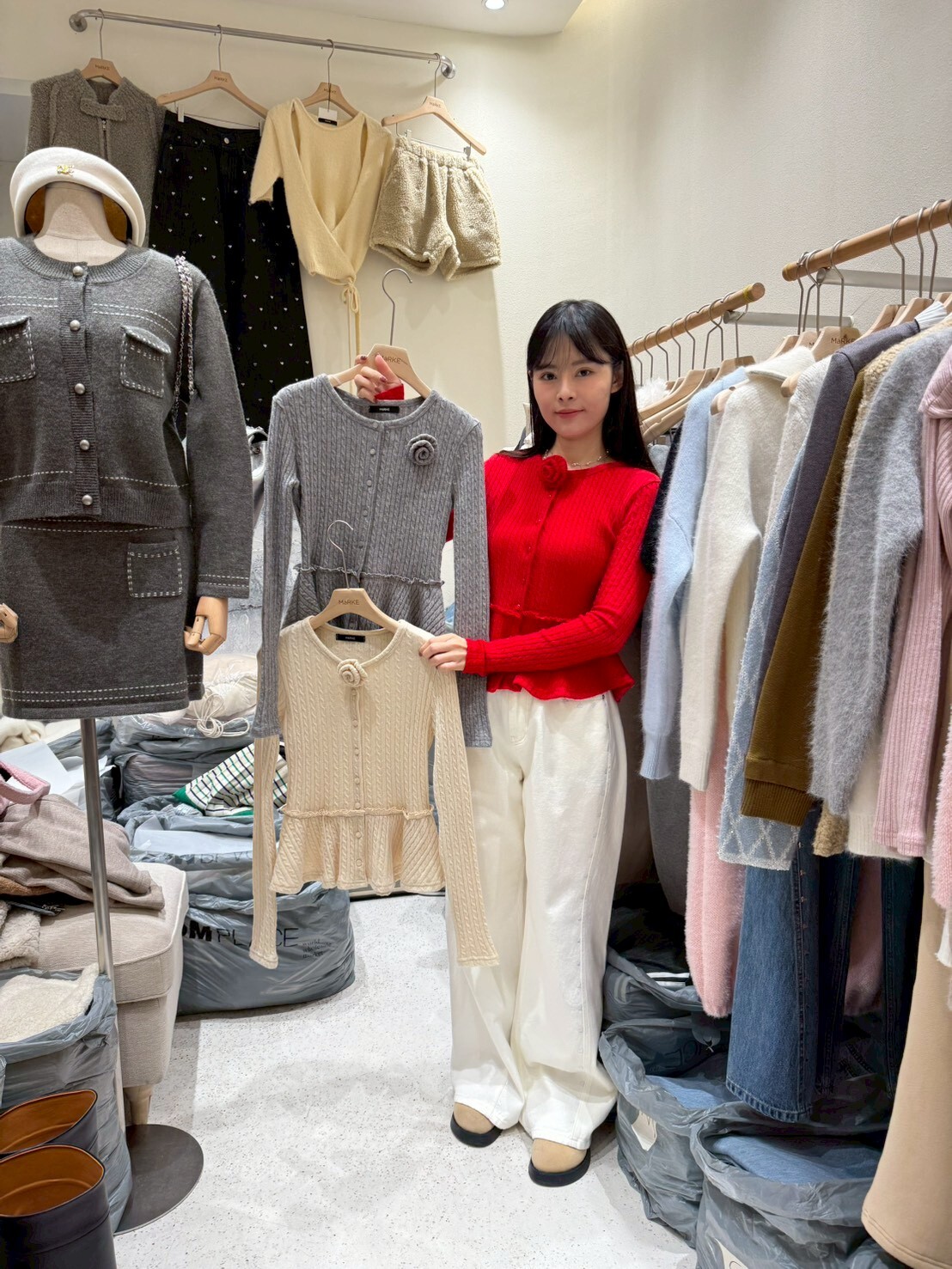 ME5251 玫瑰麻花針織裙擺外套