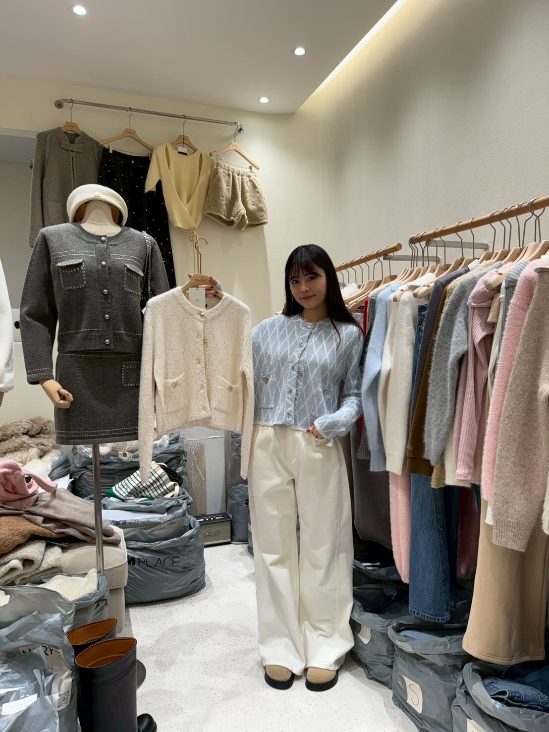 ME5248 菱格紋閃片開襟針織衫