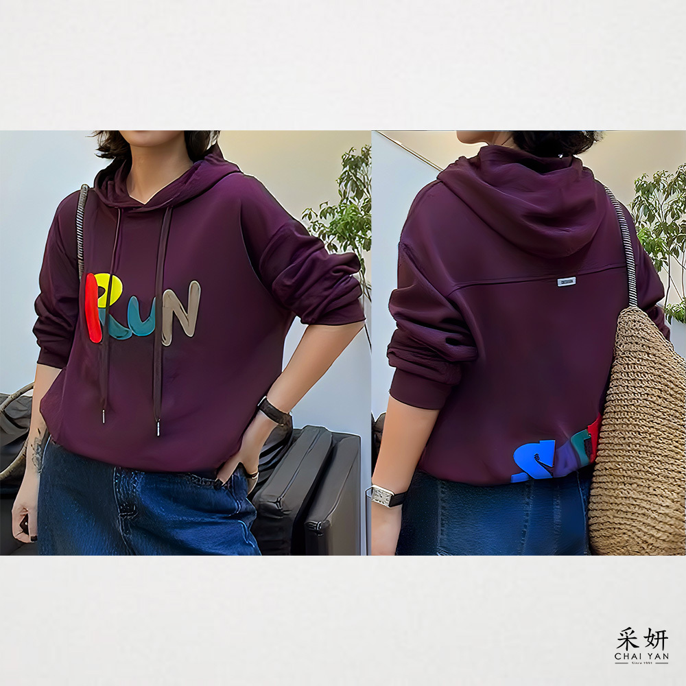落肩彩色字母印花抽繩連帽長袖上衣