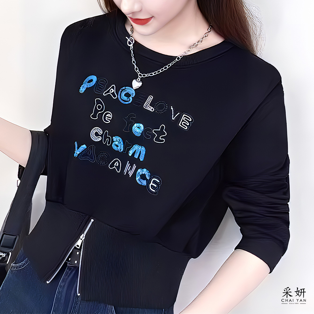 字母刺繡亮片拉鍊開岔圓領長袖上衣