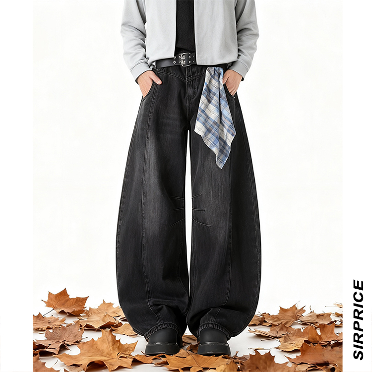 藍格巾彎刀水洗黑牛仔褲