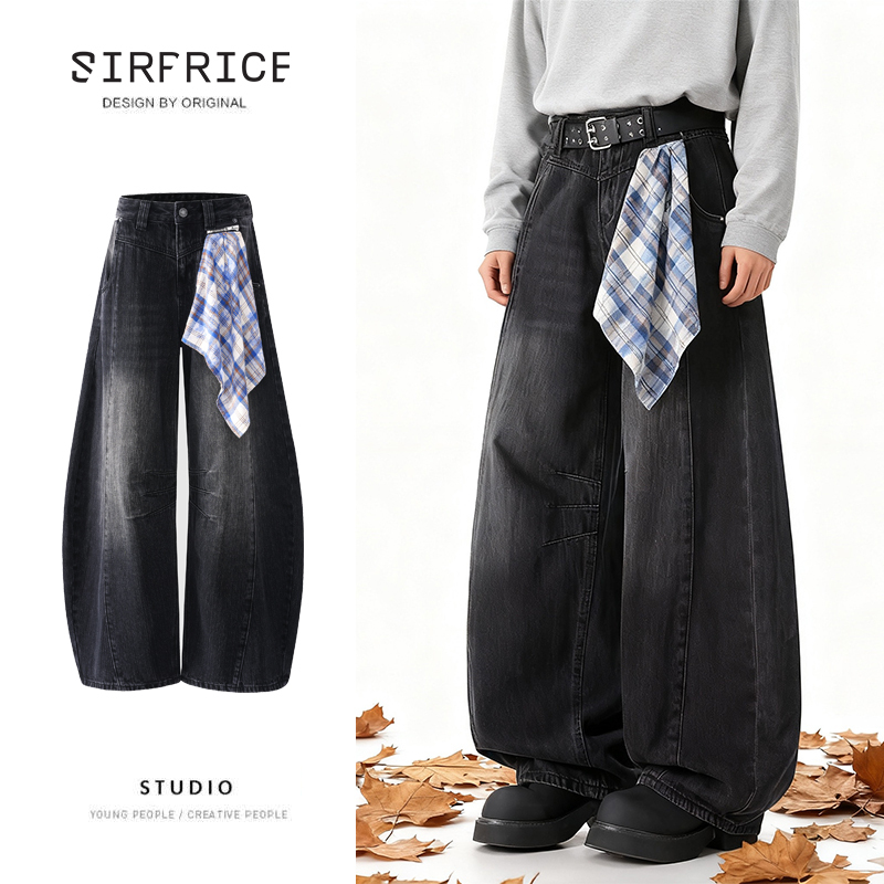 藍格巾彎刀水洗黑牛仔褲