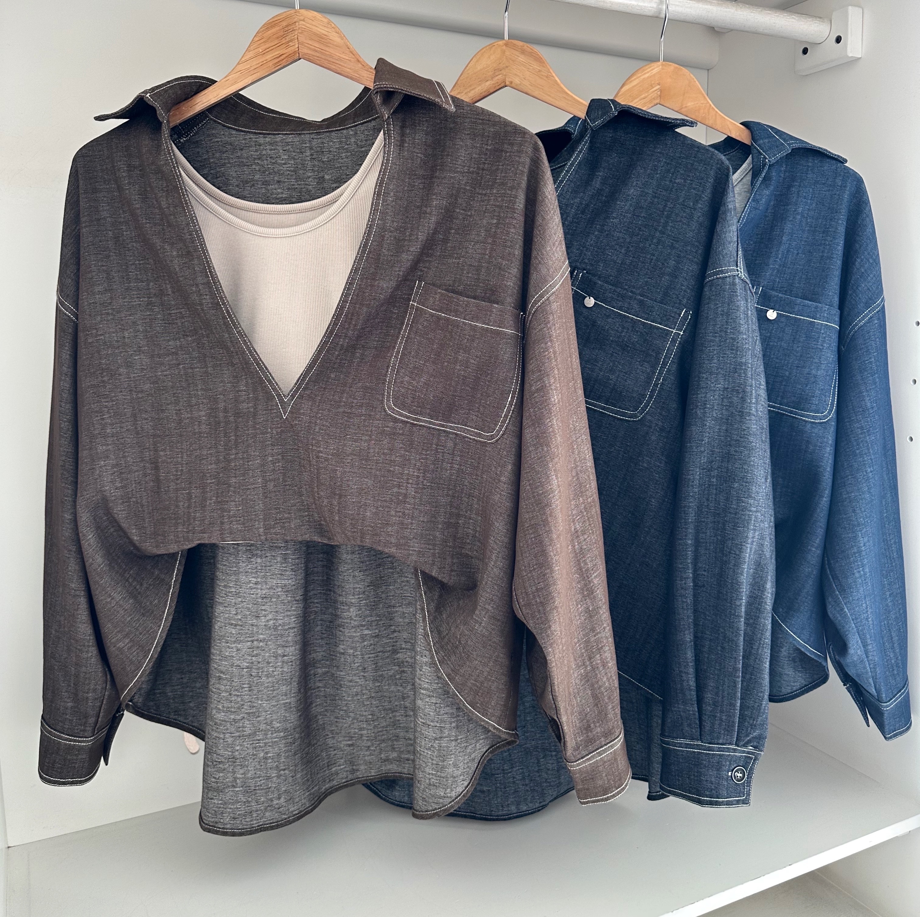 SOFT DENIM OVERSIZE SHIRT & CARGO LONG SKIRT SET SUIT WITH ATTACHED INNER TOP (2 PCS)