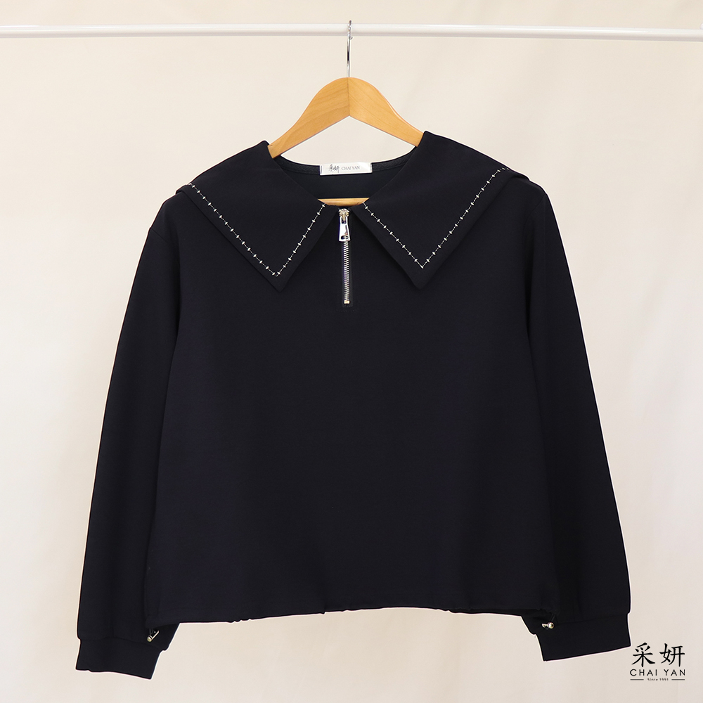跳色縫線拉鍊海軍領長袖上衣