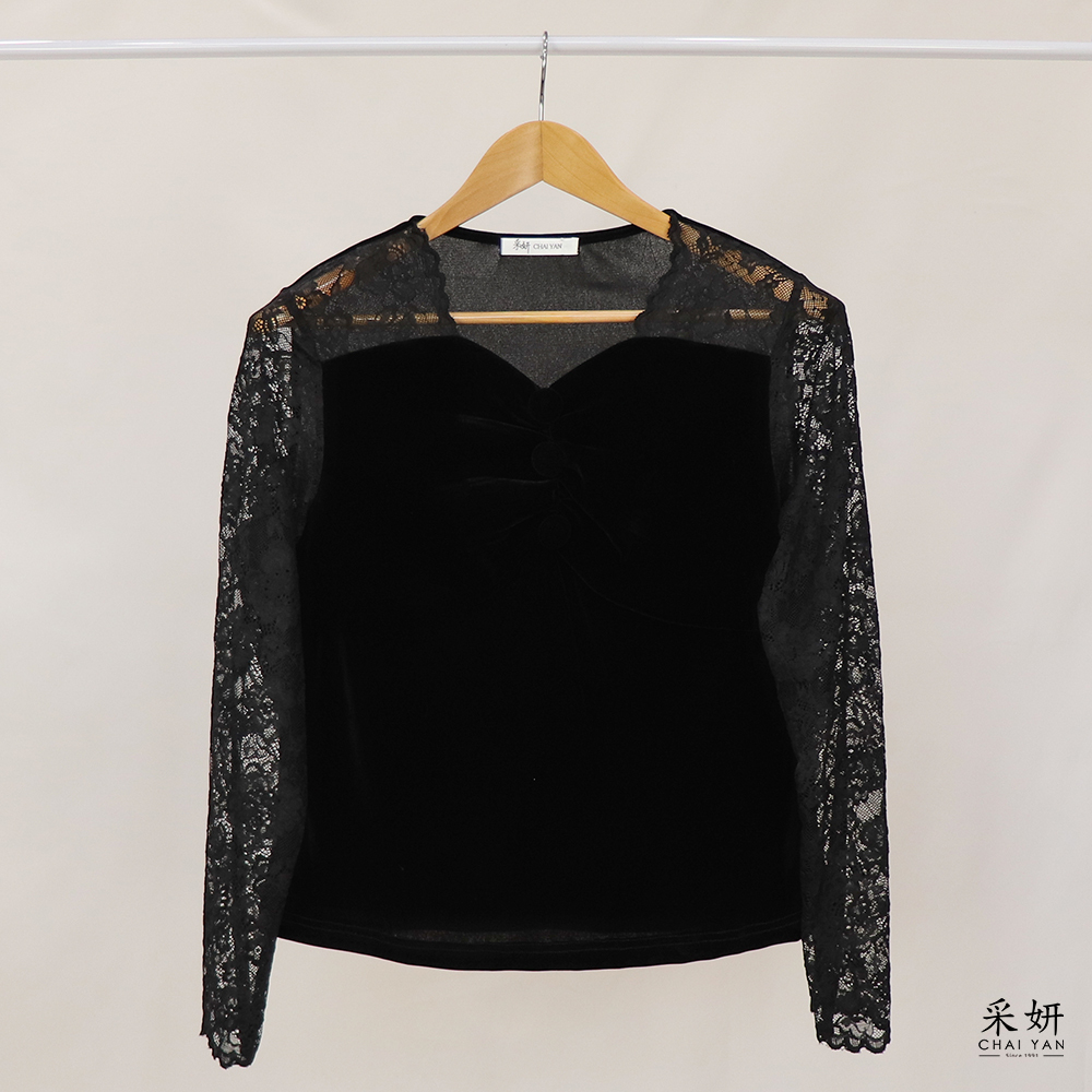 性感鏤空蕾絲拼接絲絨V領長袖上衣