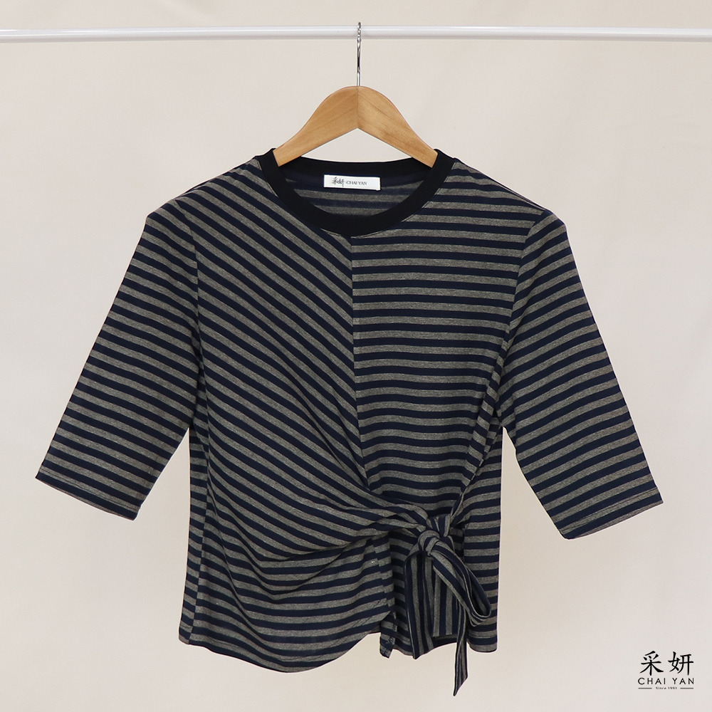 條紋拼接不規則下擺綁帶圓領半袖上衣