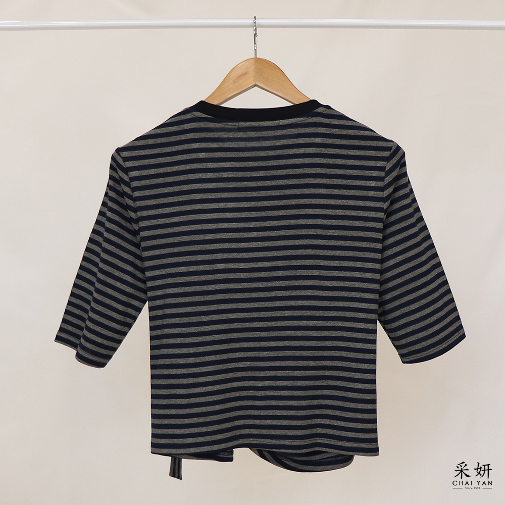 條紋拼接不規則下擺綁帶圓領半袖上衣